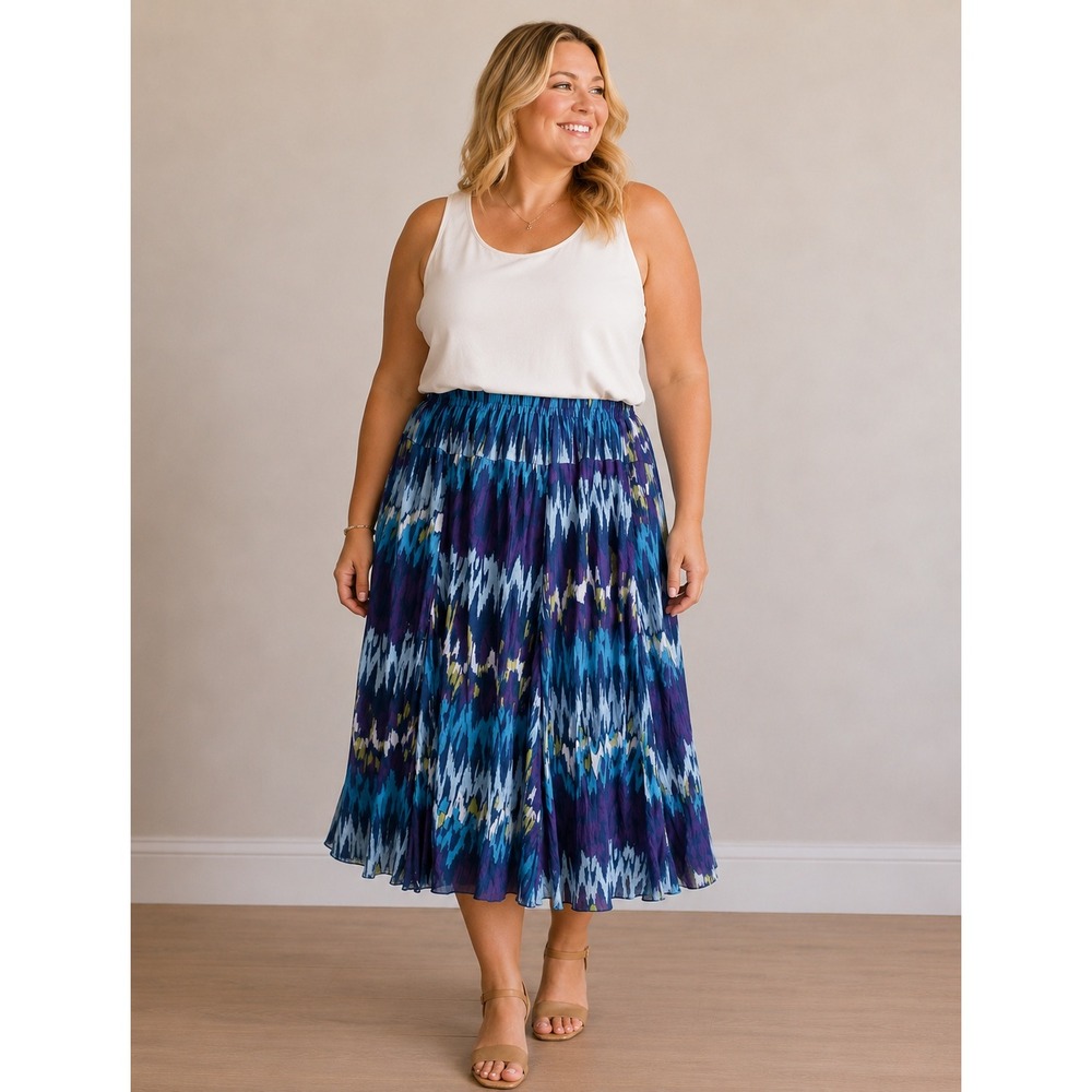 Ruby Rd Cotton Gauze Skirt Women 20W Blue Ikat Elastic Waist Boho Plus Size